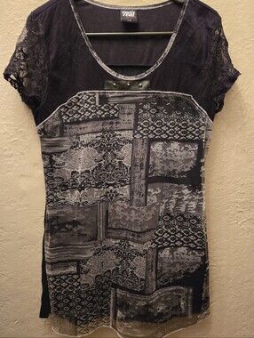 Point Zero Sheer Lace Tunic Top Gothic Boho Y2K Mesh Blouse Large